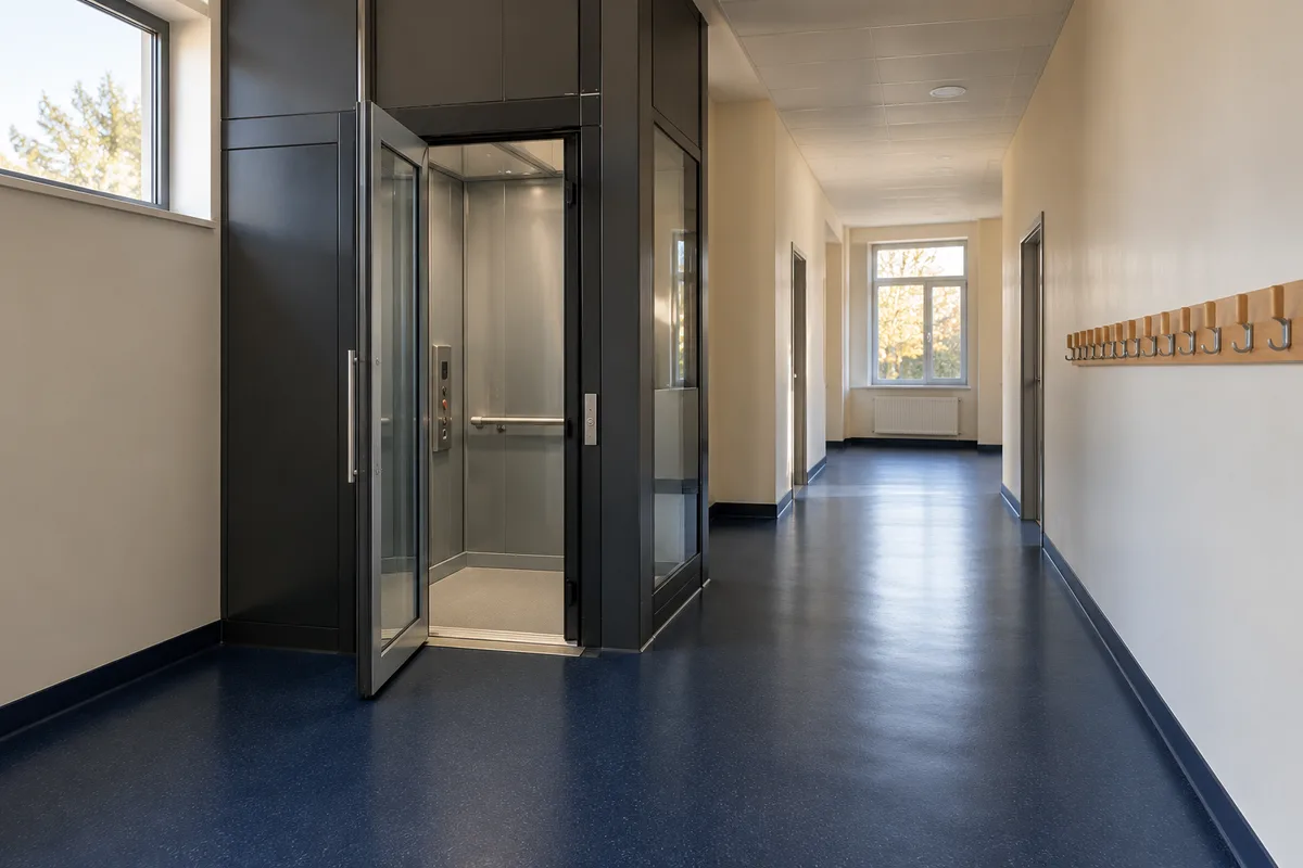 Élévateur à gaine fermée gris anthracite et porte vitrée dans un couloir aux murs crème