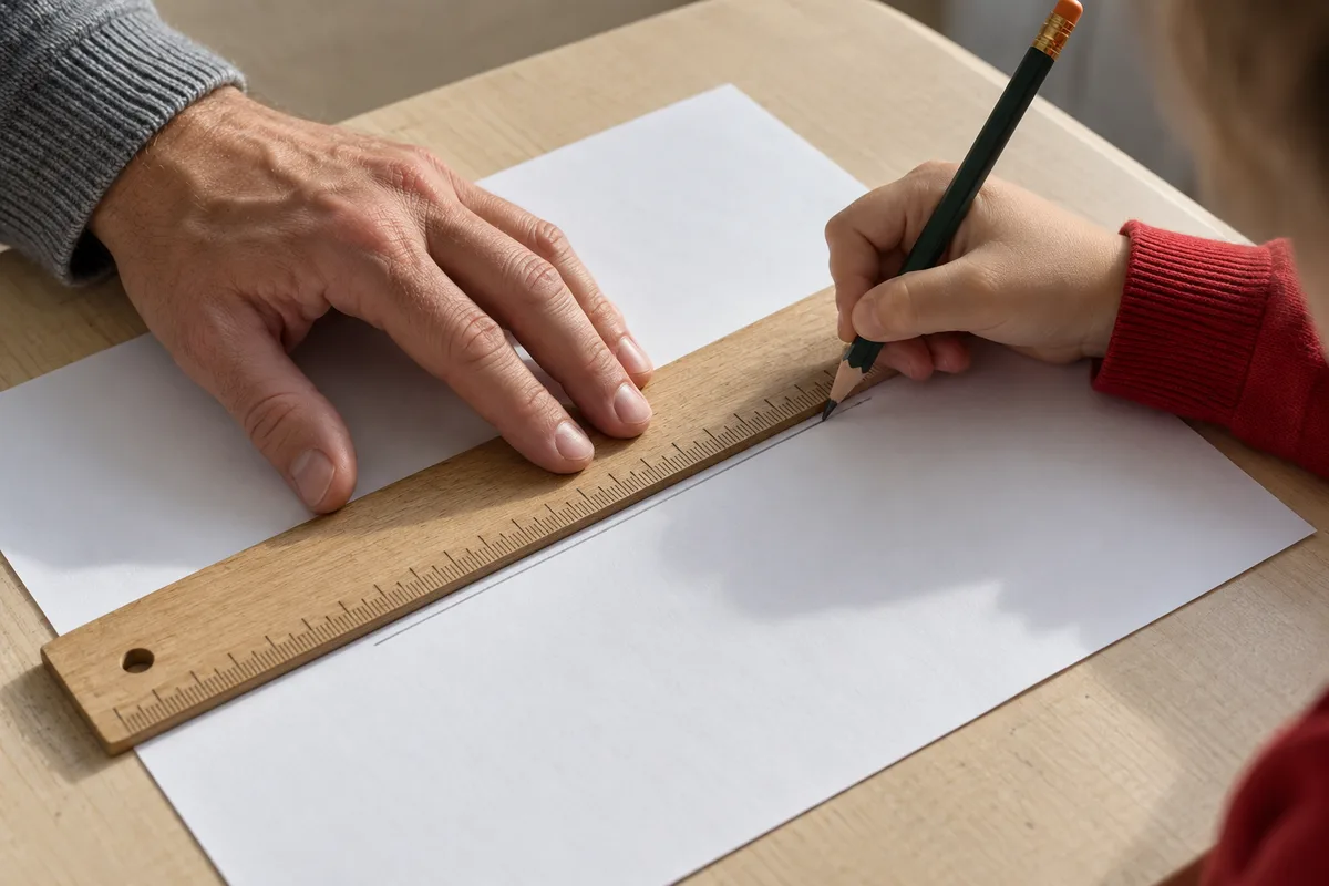 Mains d&rsquo;adulte guidant une règle sur une feuille blanche posée sur un pupitre