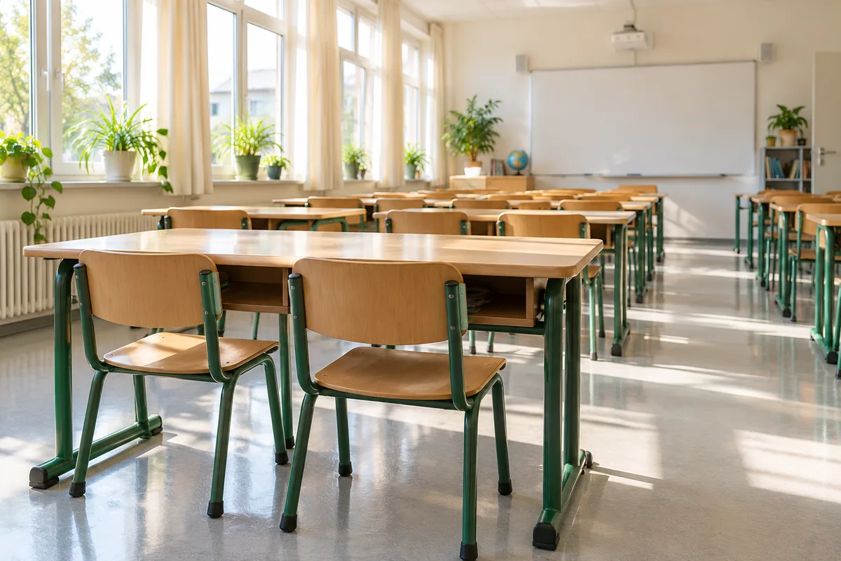 Salle de classe vide et lumineuse avec un pupitre double au premier plan