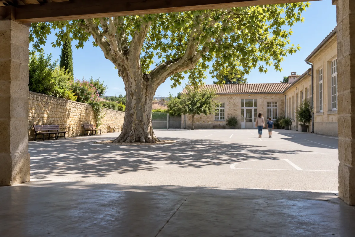Cour d&rsquo;école en fin de matinée avec deux silhouettes vues de dos au loin