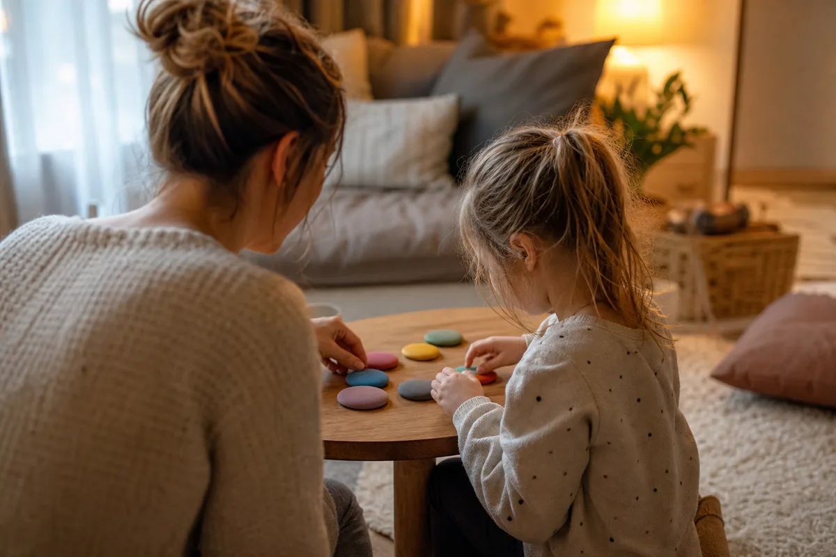 Coin du calme dans une chambre d’enfant avec coussins moelleux, cartes des émotions et lumière douce