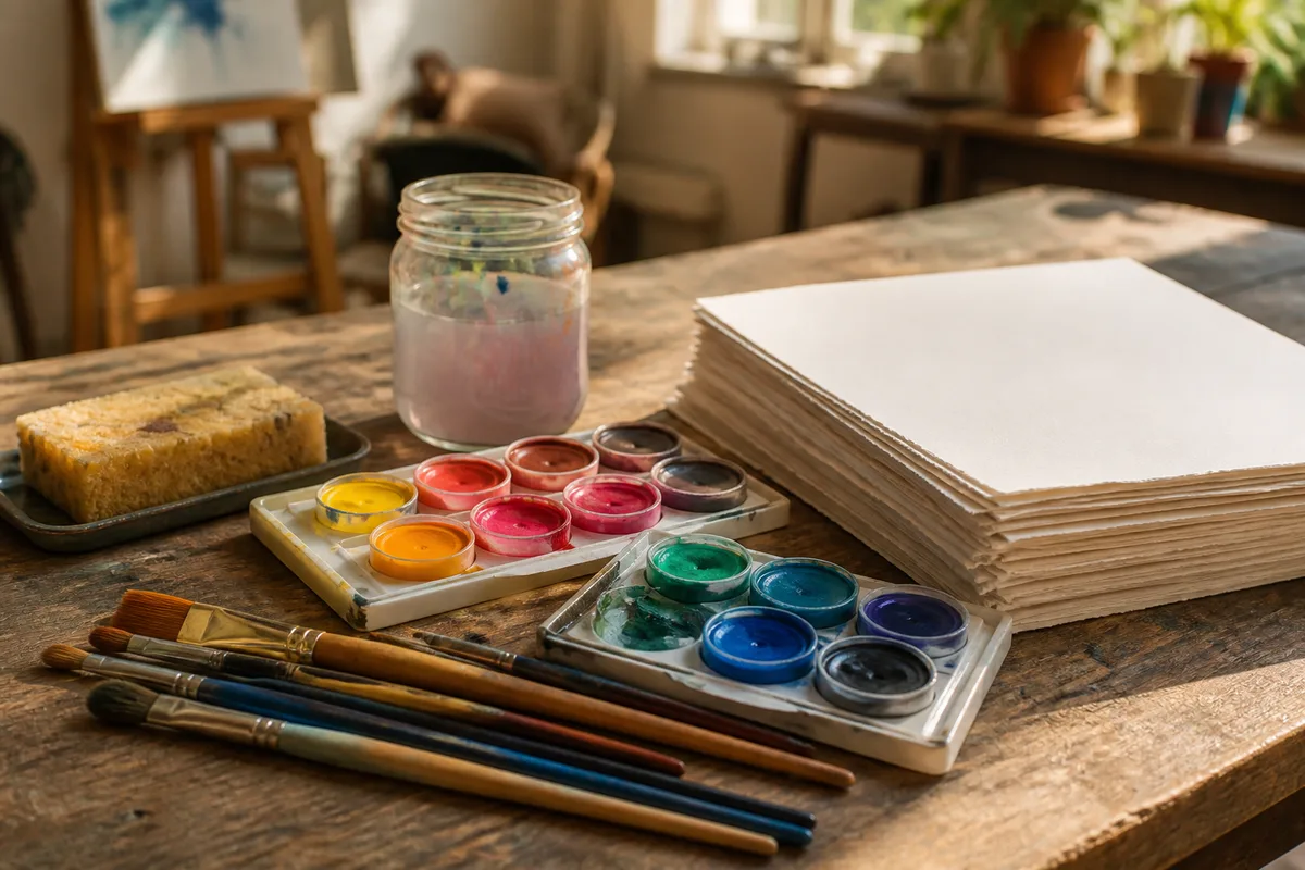 Table d&rsquo;atelier avec pinceaux, godets de gouache et feuilles de papier épais, lumière naturelle latérale