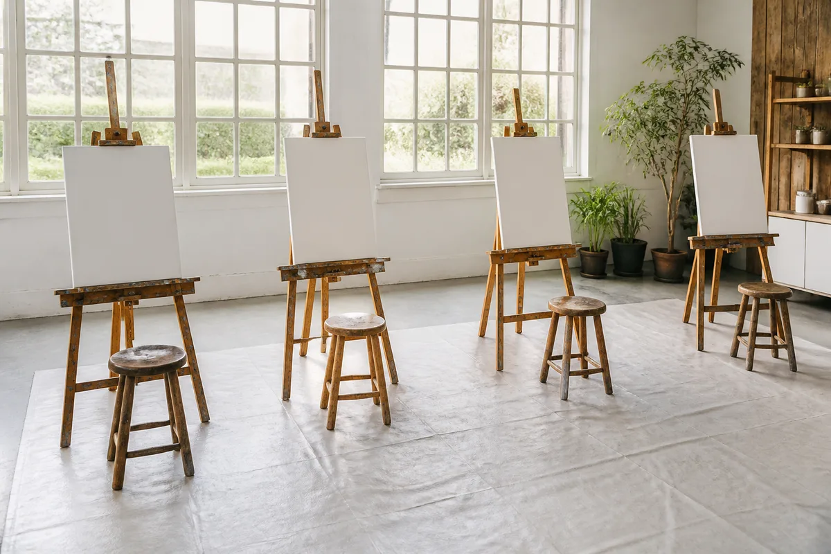 Atelier collectif avec plusieurs chevalets, tabourets et toiles vierges dans une salle claire aux grandes fenêtres