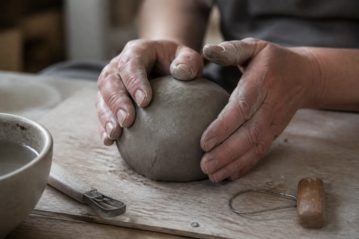 Mains d&rsquo;une personne modelant une pièce d&rsquo;argile sur une planche de bois, atelier lumineux en arrière-plan flou