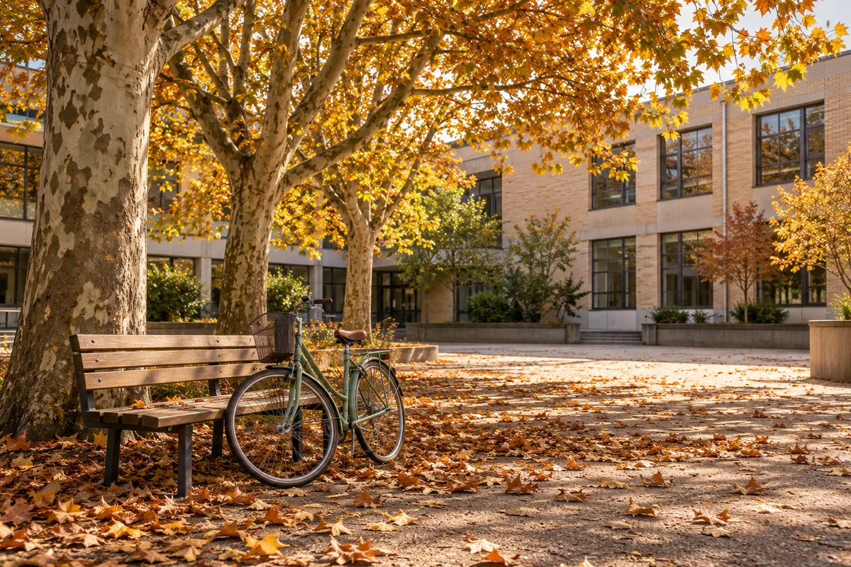 Cour arborée d&rsquo;un lycée professionnel en automne, un vélo appuyé contre un banc en bois