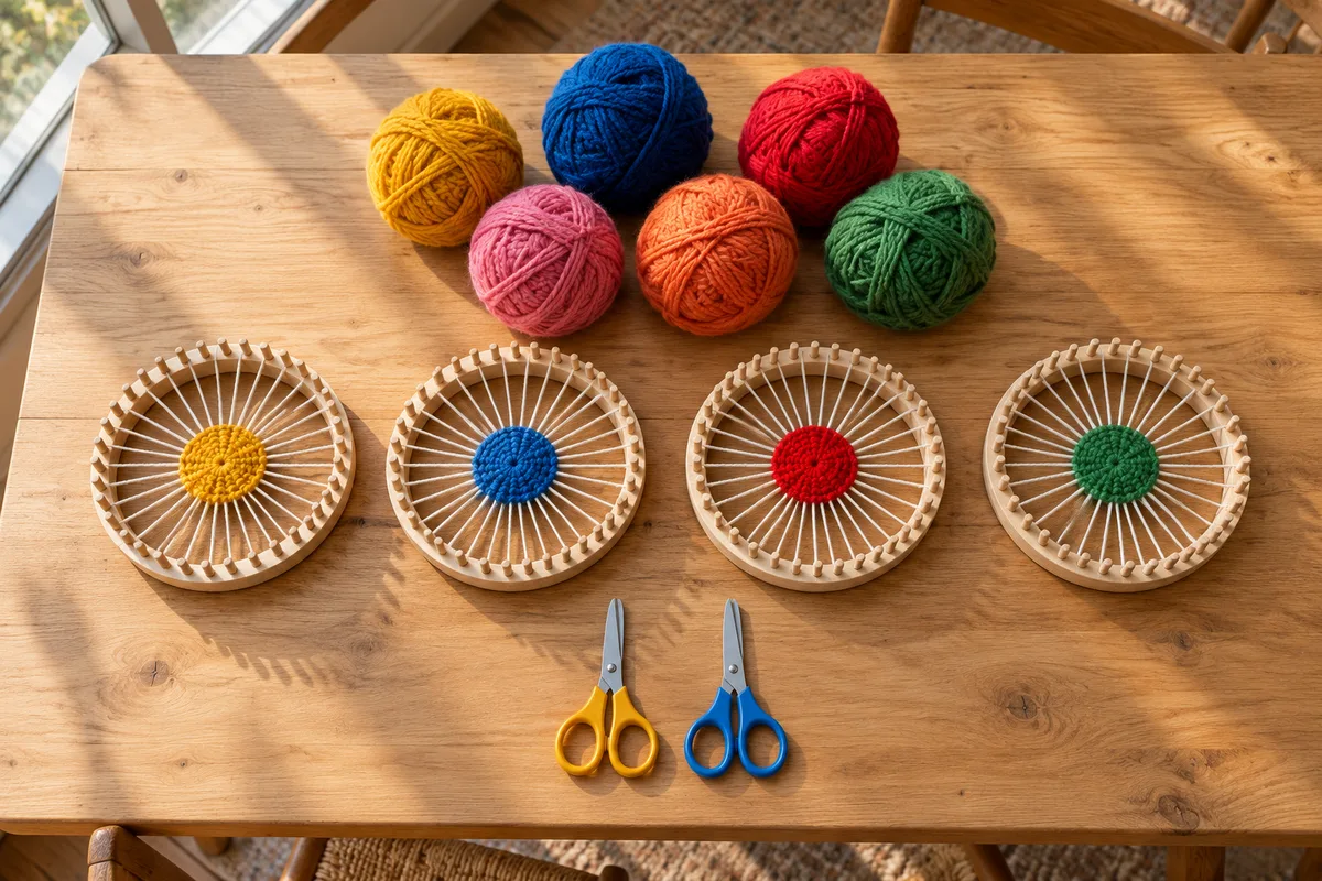 Pelotes de laine colorées et petits métiers à tisser en bois préparés pour un atelier d&rsquo;animation