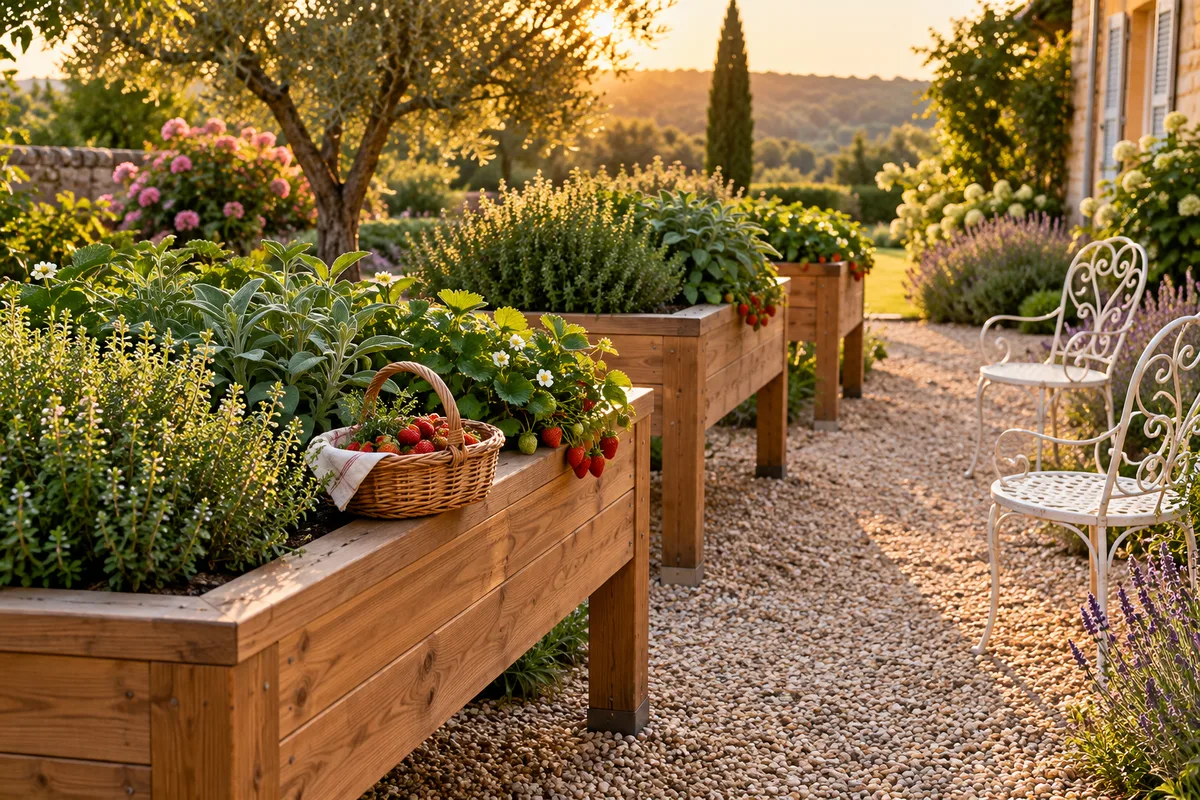 Bacs potagers surélevés plantés d&rsquo;herbes aromatiques dans le jardin d&rsquo;une résidence pour personnes âgées