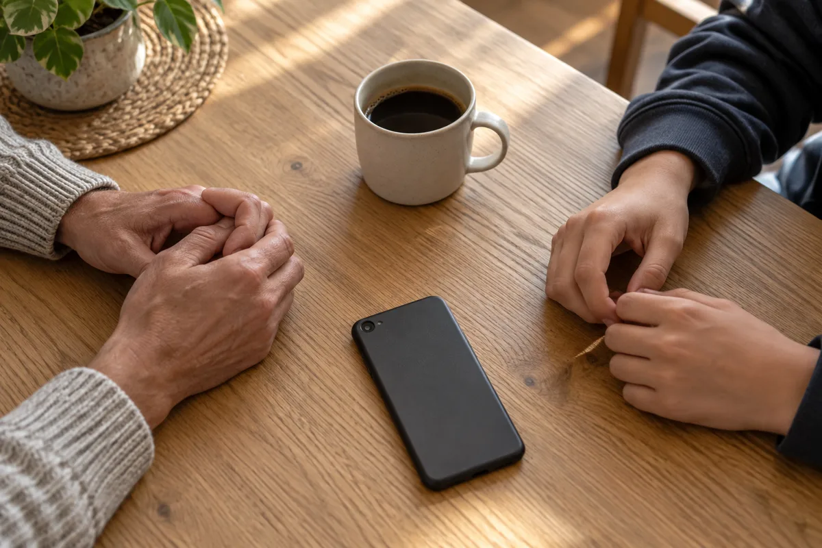 Mains d&rsquo;un adulte et mains d&rsquo;un adolescent posées de part et d&rsquo;autre d&rsquo;une table en bois, une tasse et un smartphone retourné entre elles