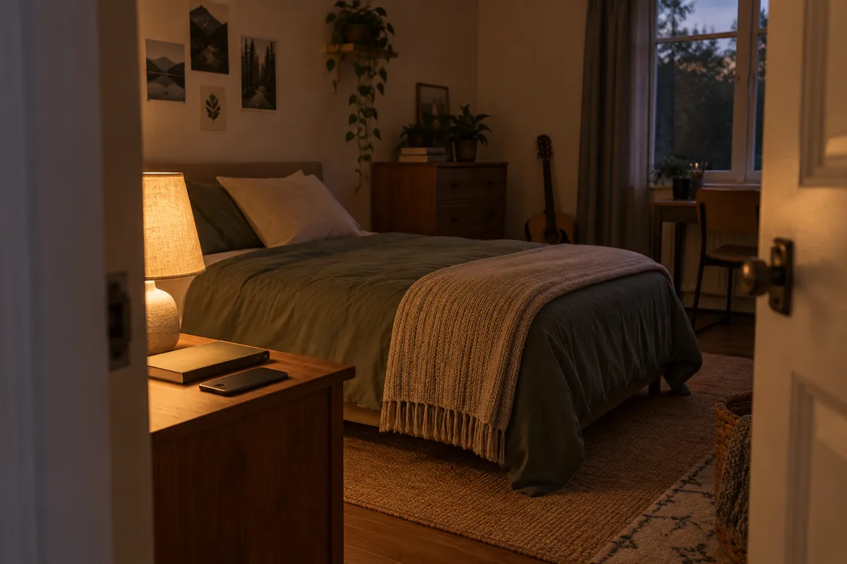 Chambre d&rsquo;adolescent le soir, lampe de chevet allumée, smartphone retourné posé sur la table de nuit à côté d&rsquo;un livre fermé