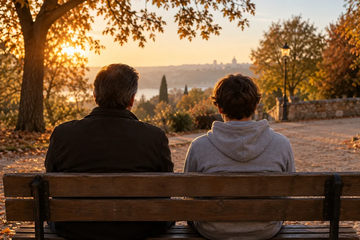 Un parent et un adolescent vus de dos, assis côte à côte sur un banc de parc en fin d&rsquo;après-midi, feuillage d&rsquo;automne flou