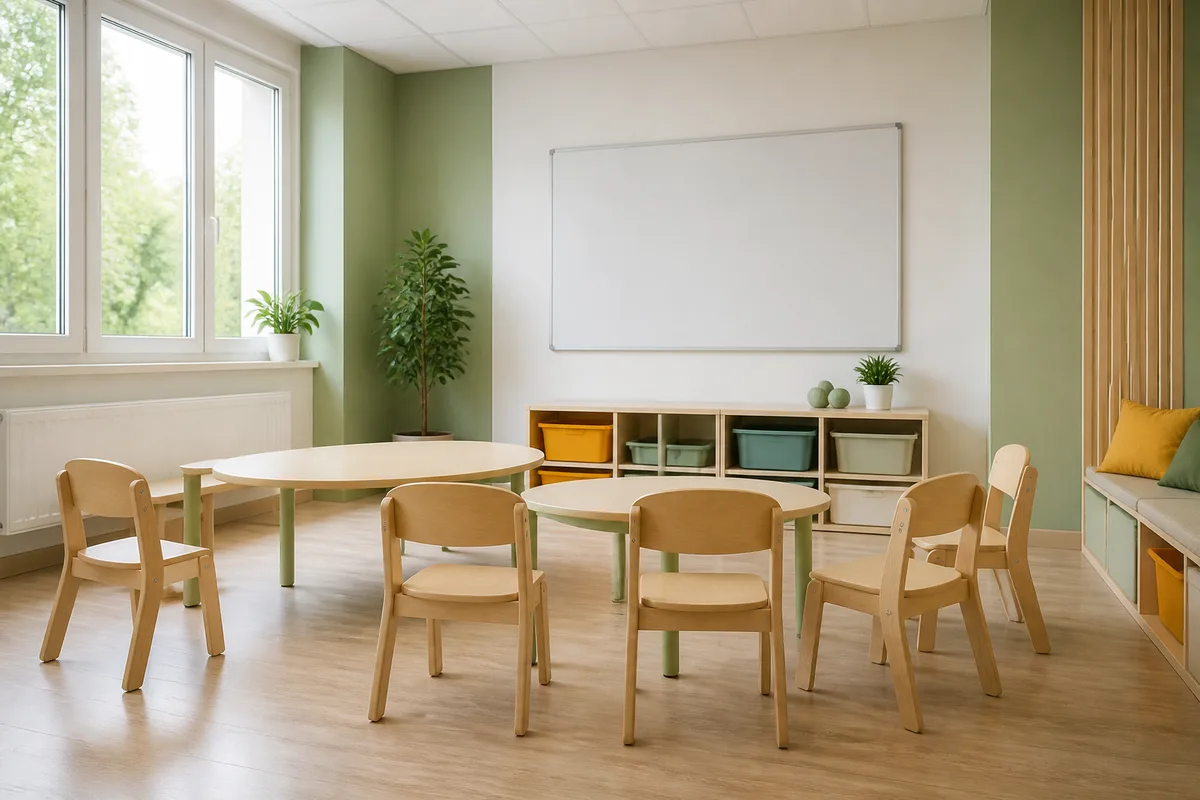 Salle de classe adaptée en petit effectif, chaises vides et tableau