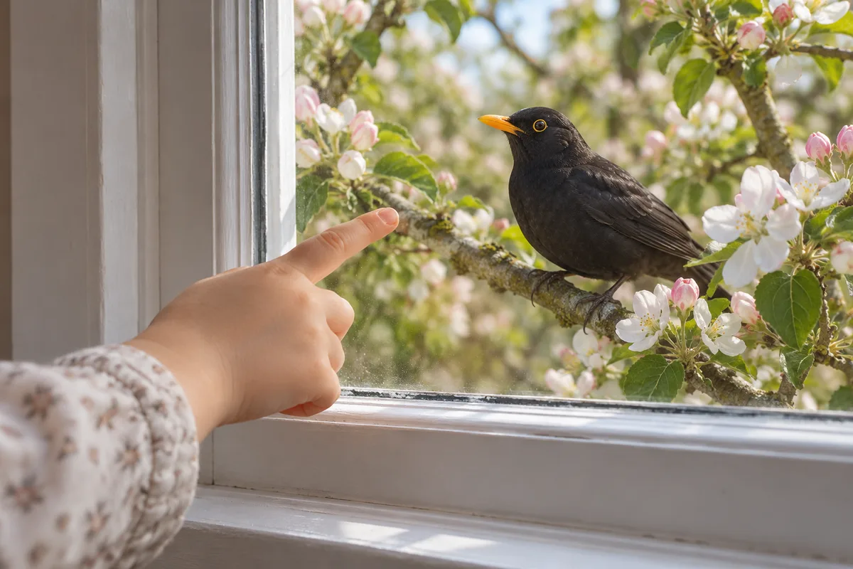 Petite main d&rsquo;enfant pointant du doigt un merle posé sur une branche de pommier en fleurs