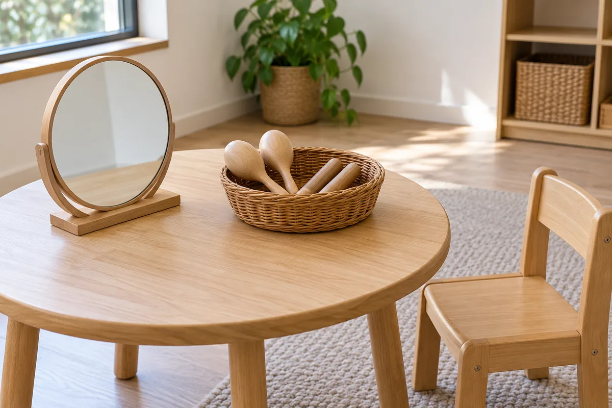 Miroir rond sur pied et panier d&rsquo;instruments en bois sur une table basse de salle de rééducation