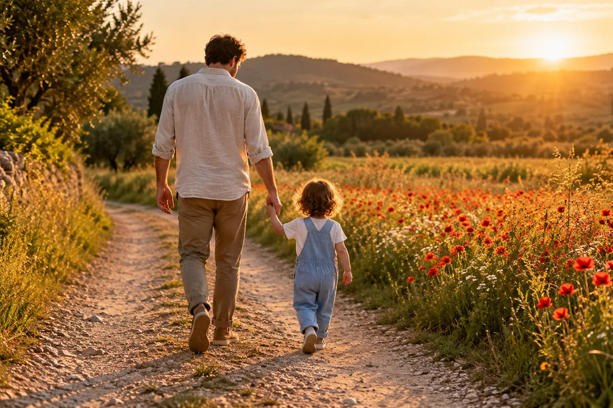 Adulte et enfant de dos marchant main dans la main sur un chemin bordé de coquelicots