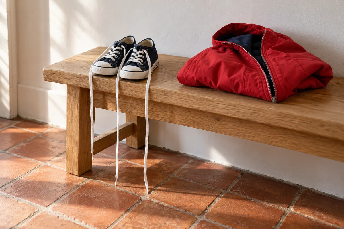 Petites chaussures en toile aux lacets dénoués et manteau rouge posés sur un banc d&rsquo;entrée