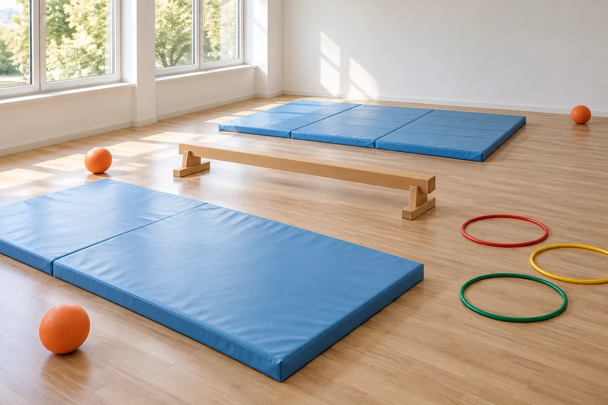 Salle de psychomotricité vide avec tapis de mousse, poutre basse, cerceaux et ballons
