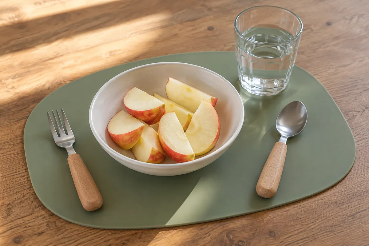 Table de cuisine avec set antidérapant, assiette de pomme et couverts à manches épais