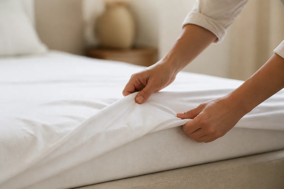 Mains d&rsquo;adulte tendant une alèse de coton blanc sur un matelas