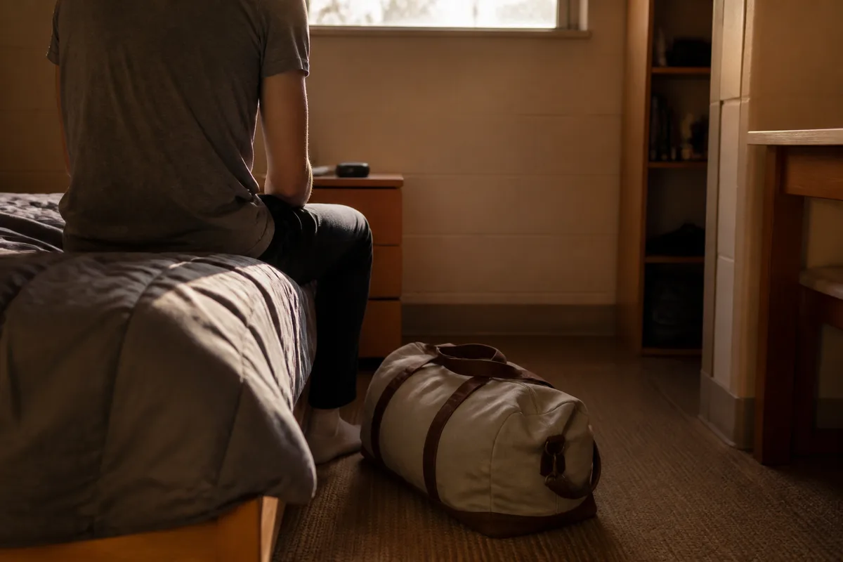Silhouette d&rsquo;adolescent de dos assis au bord d&rsquo;un lit dans un dortoir clair
