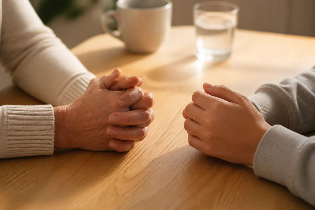 Mains d&rsquo;adulte et de jeune posées sur une table en bois clair pendant un entretien