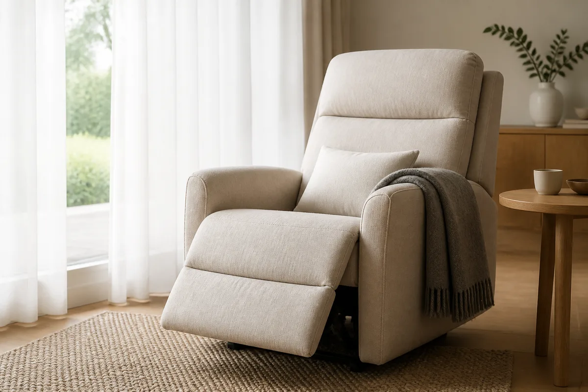 Fauteuil inclinable en tissu clair près d&rsquo;une fenêtre voilée, plaid replié sur l&rsquo;accoudoir, lumière douce de fin de matinée