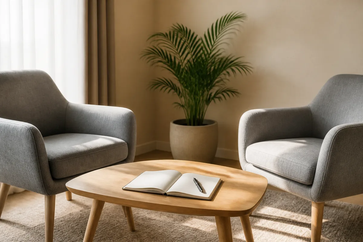 Deux fauteuils face à face dans un bureau de consultation sobre, carnet de notes ouvert sur une table basse, plante verte à l&rsquo;arrière-plan