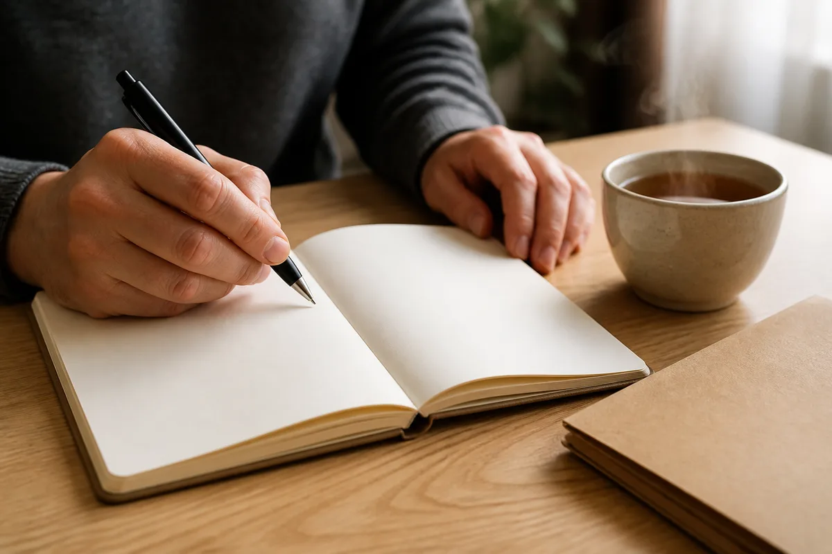 Bureau avec dossier ouvert, stylo posé et tasse de tisane, mains d&rsquo;une personne prenant des notes, cadrage rapproché sans visage
