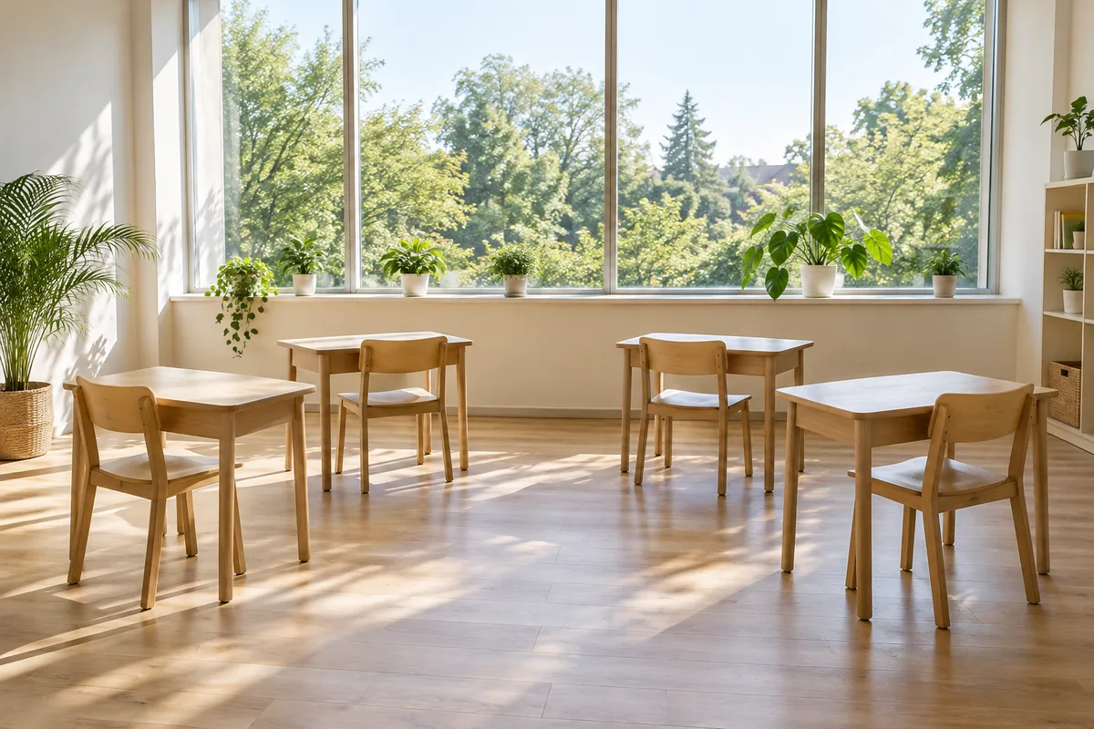 Salle de classe à petit effectif vide, quatre tables individuelles en arc de cercle face à une baie vitrée