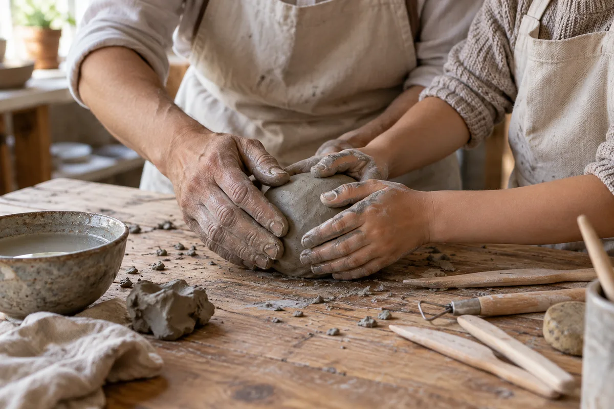 Mains d&rsquo;un adulte et d&rsquo;un enfant modelant une boule d&rsquo;argile sur une table d&rsquo;atelier en bois