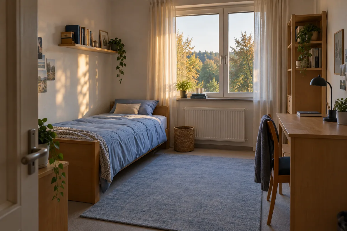 Chambre d&rsquo;internat sobre, lit une place à la couette bleu clair et petit bureau en bois près d&rsquo;une fenêtre