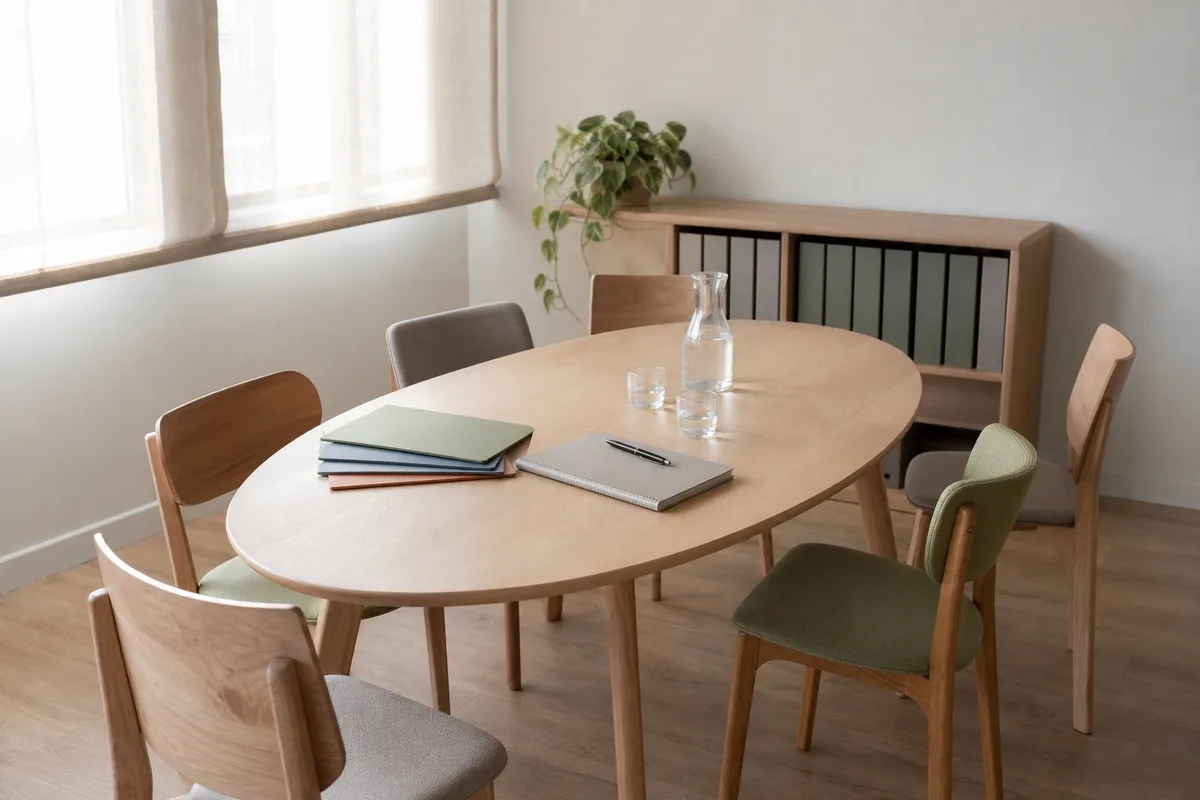 Petite salle de réunion avec table en bois clair, chaises dépareillées et dossiers cartonnés fermés