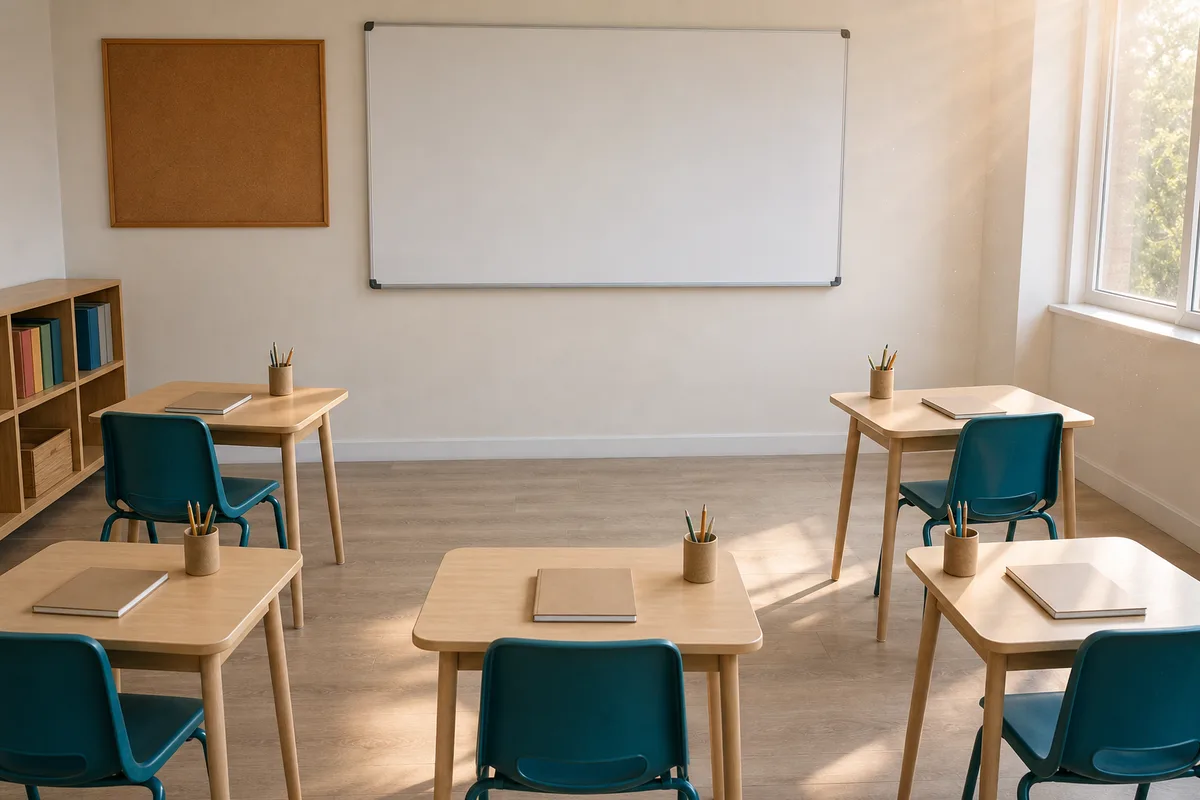 Salle de classe à petit effectif, cinq tables individuelles et tableau blanc vierge