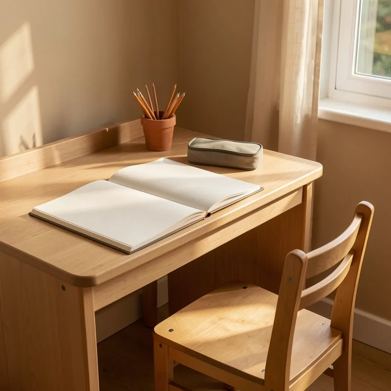 Bureau d&rsquo;enfant avec cahier ouvert, trousse fermée et chaise vide, lumière rasante de fin d&rsquo;après-midi