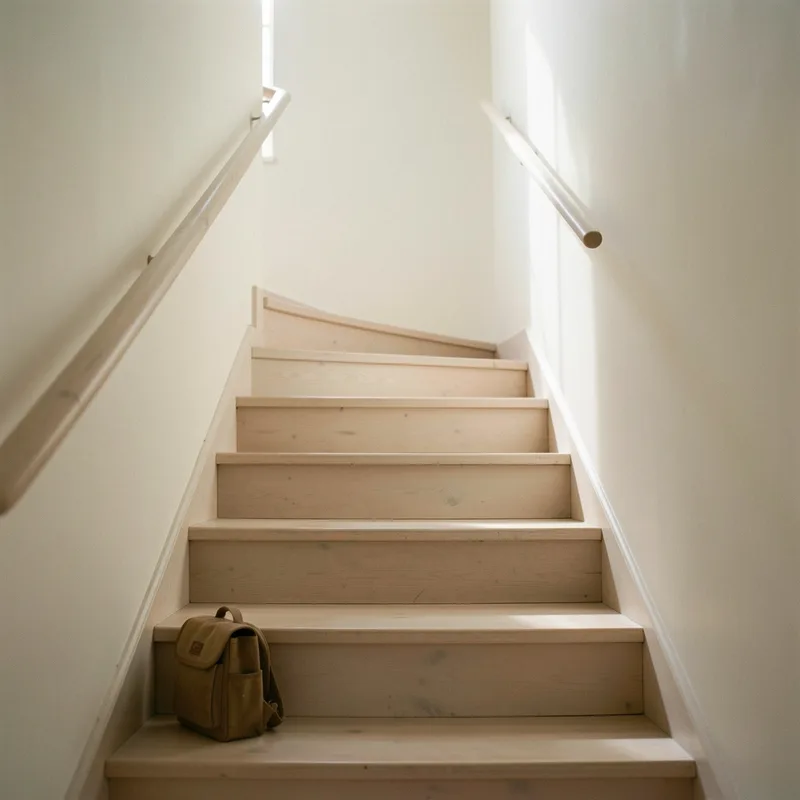 Cartable posé au pied d&rsquo;un escalier de maison, lumière du matin par la fenêtre
