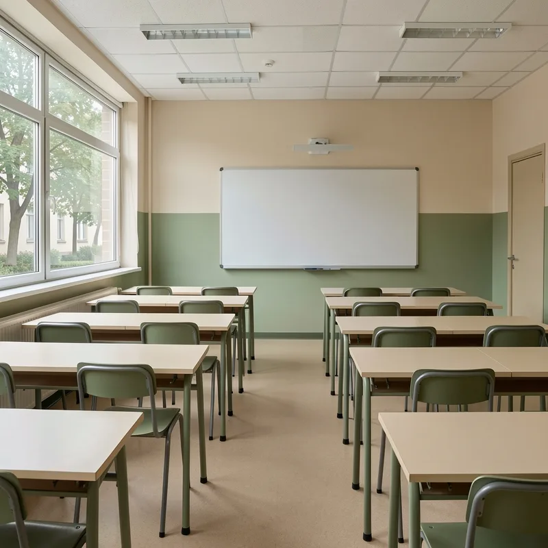 Salle de permanence vide avec tables individuelles et grande fenêtre donnant sur une cour arborée