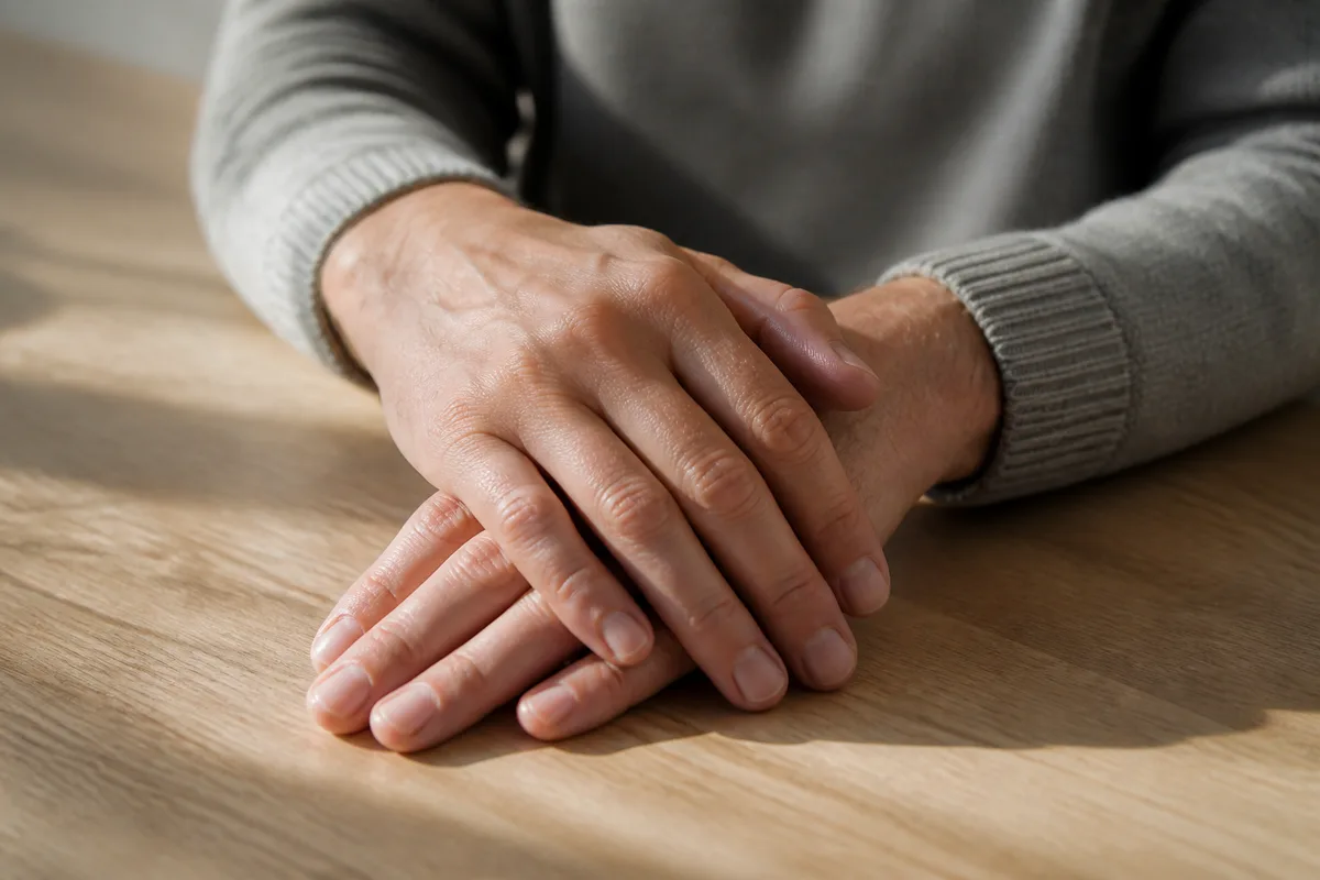 Mains d&rsquo;adulte croisées sur une table en bois clair, lumière naturelle rasante