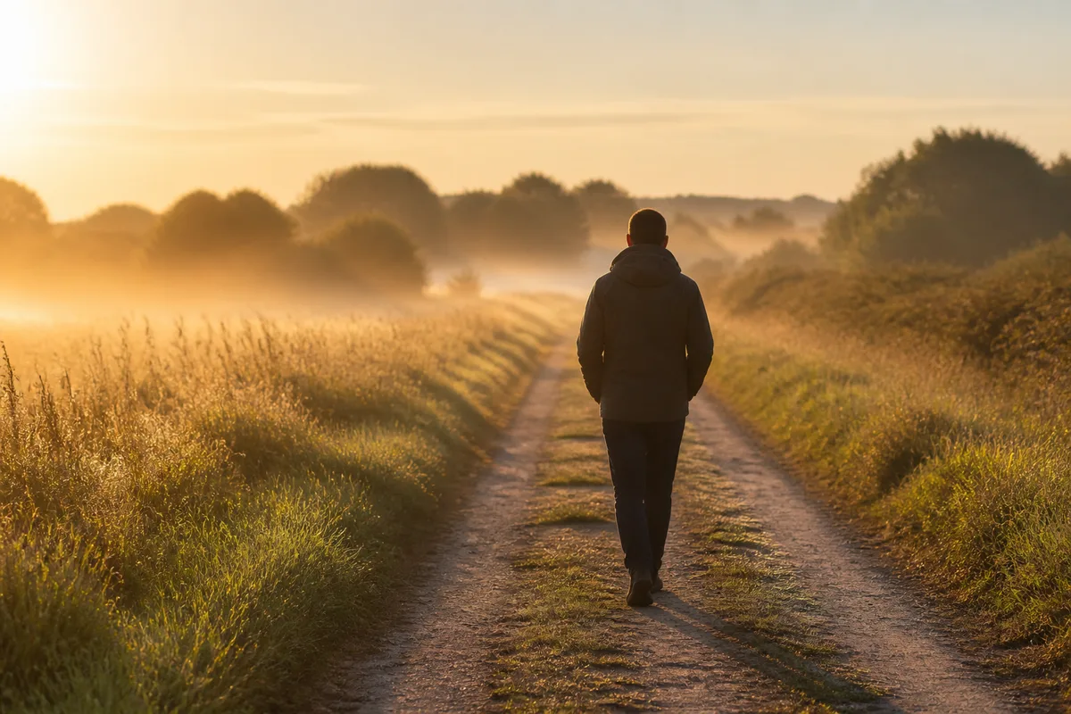 Silhouette d&rsquo;adulte de dos marchant sur un chemin bordé d&rsquo;herbes hautes, lumière dorée du matin, brume légère au sol