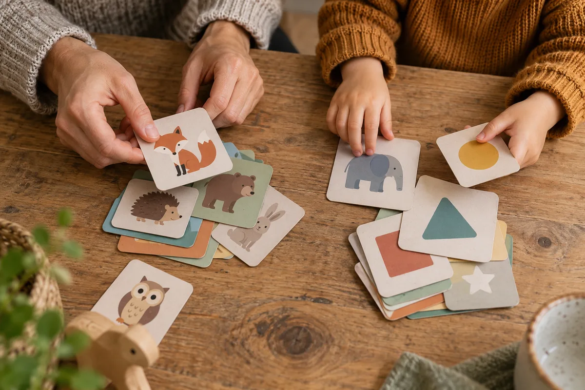 Mains d&rsquo;un adulte et d&rsquo;un enfant triant des cartes illustrées sur une table
