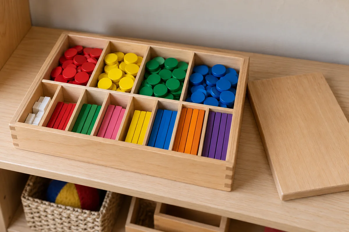 Boîte de rangement en bois garnie de jetons et de réglettes colorées