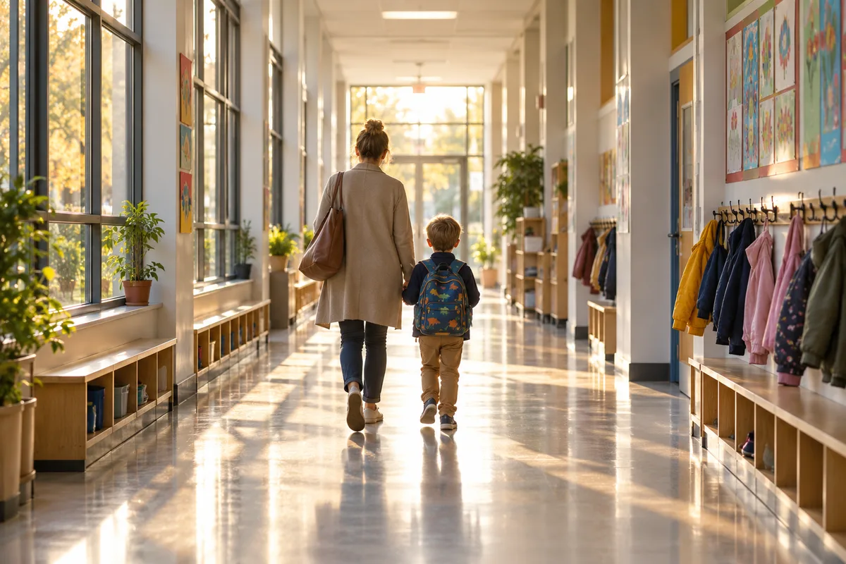 Adulte et enfant marchant de dos dans un couloir d&rsquo;école lumineux