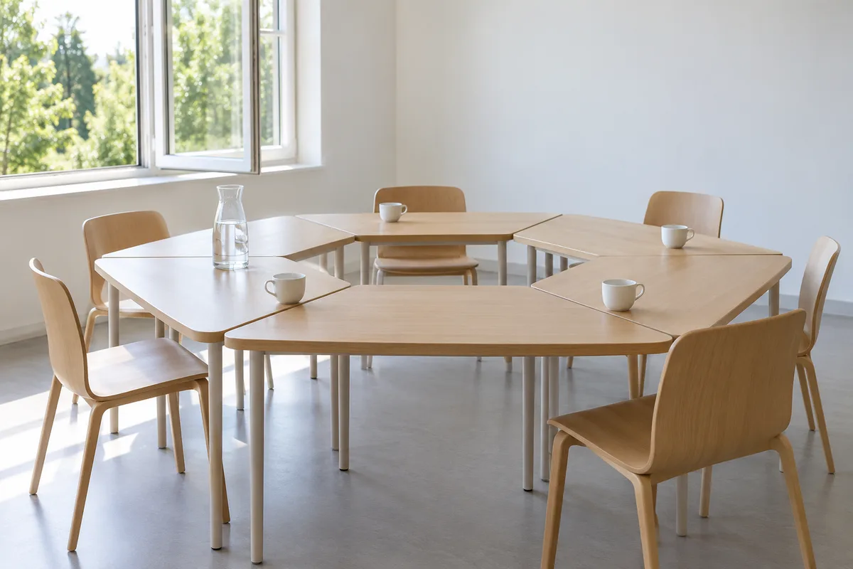 Salle de réunion d&rsquo;équipe vide, tables en bois clair disposées en cercle
