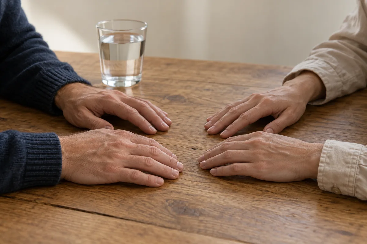 Deux paires de mains d&rsquo;adultes posées face à face sur une table en bois, à côté d&rsquo;un verre d&rsquo;eau