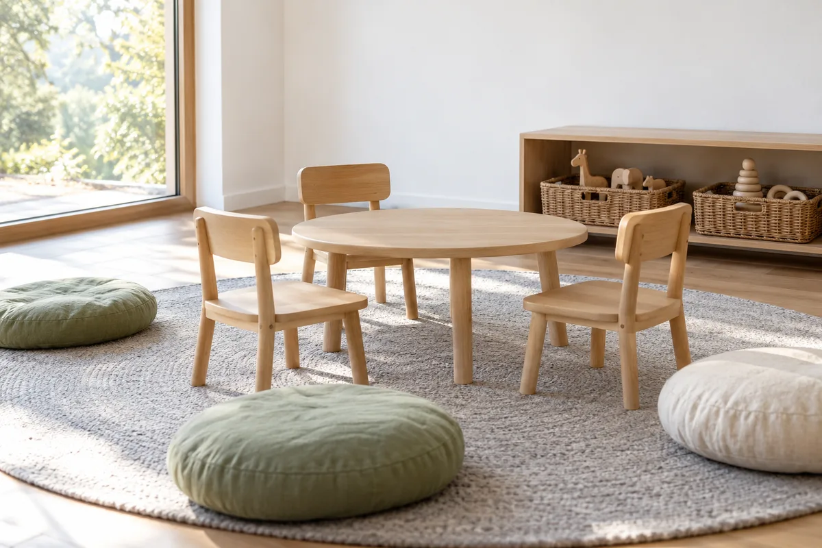 Espace d&rsquo;accueil parents-enfants vide, petites chaises en bois et paniers en osier remplis de jouets