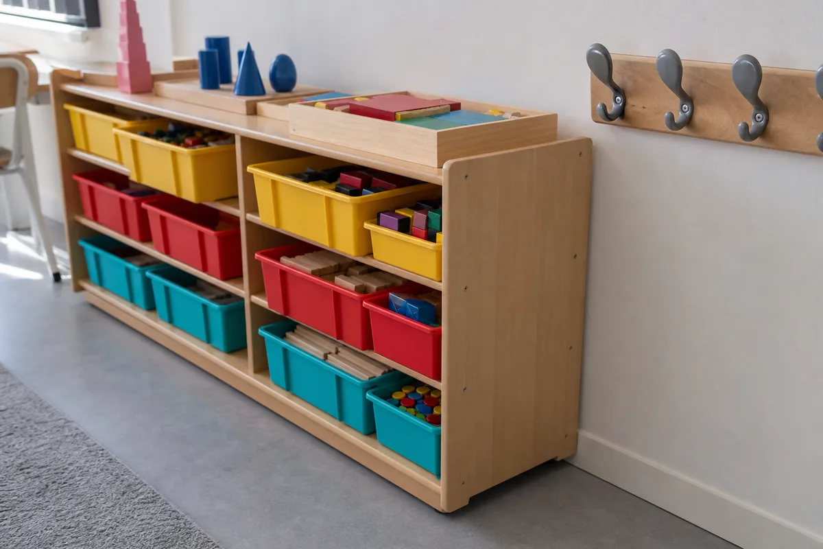 Petite salle de regroupement en école élémentaire, six tables en arc de cercle face à un tableau blanc vierge
