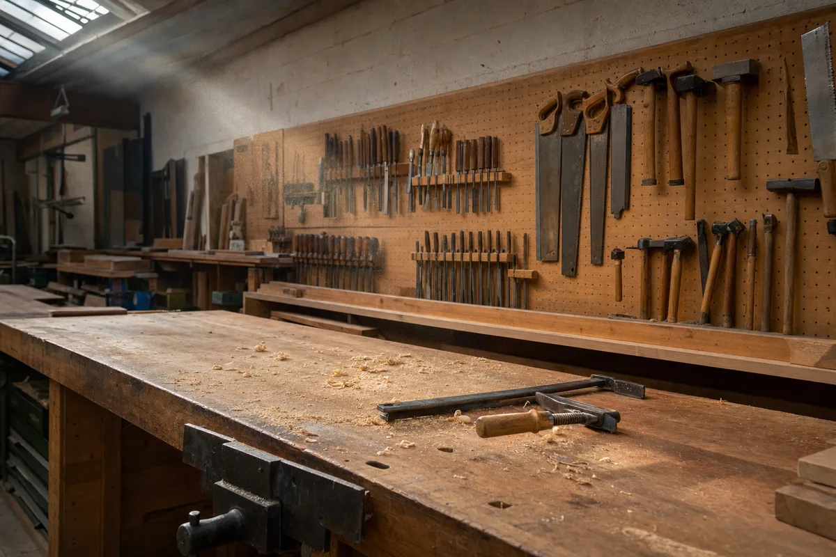 Atelier de lycée professionnel, établi en bois et outils rangés sur panneau perforé, lumière de verrière