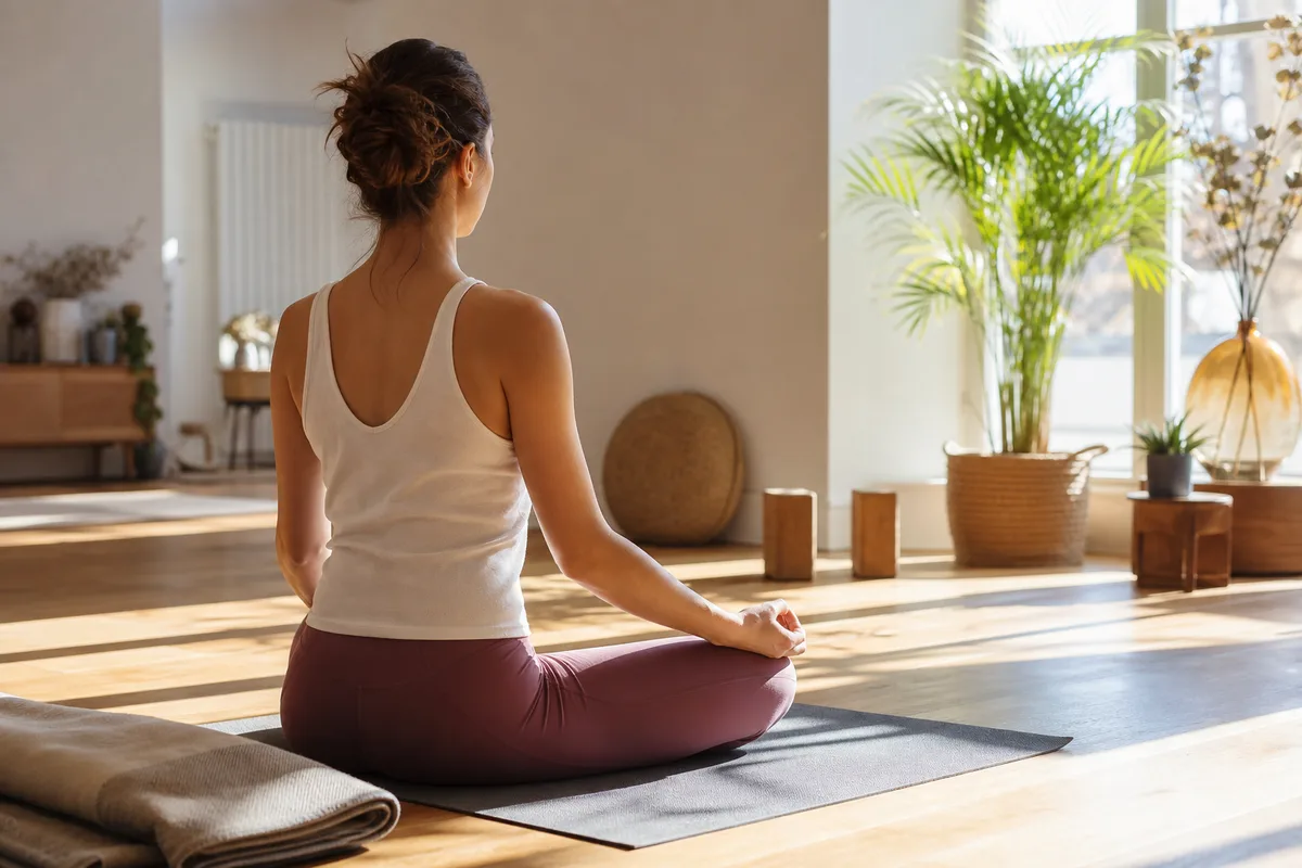 Coin de pratique du yoga à domicile près d&rsquo;une fenêtre, atmosphère apaisée